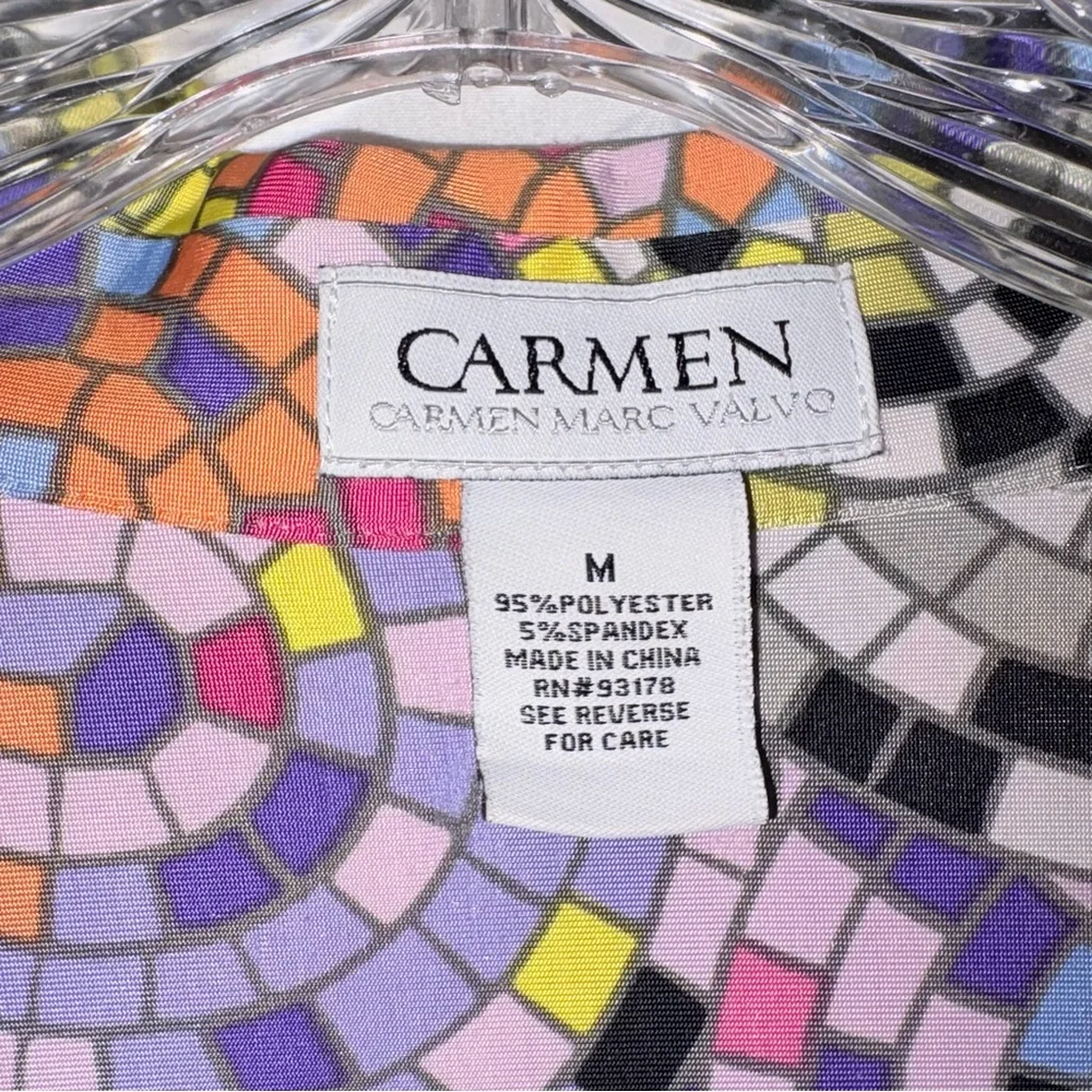 Carmen Marc Valvo Mosaic Print Button Front Blouse Stretch Long Sleeve Size Med - Picture 2 of 8